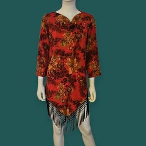 Vtg MAGGIE SWEET 1990s Red Floral Leopard Print Assymetric Fringe Cowl Tunic
